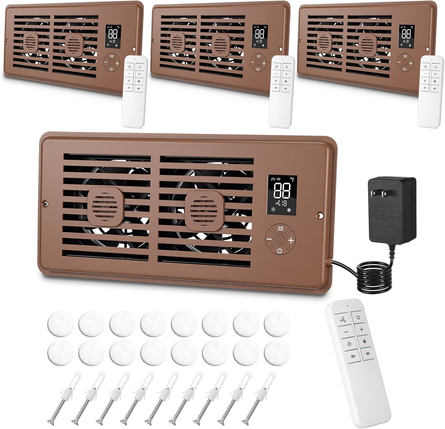 4 Packs Smart Register Booster Fans Vent Register Booster for 4" x 10" Vents 10-speed Quiet AC Vent Boosters with Remote Thermostat for Floor Ceiling Heating Cooling (Brown)
