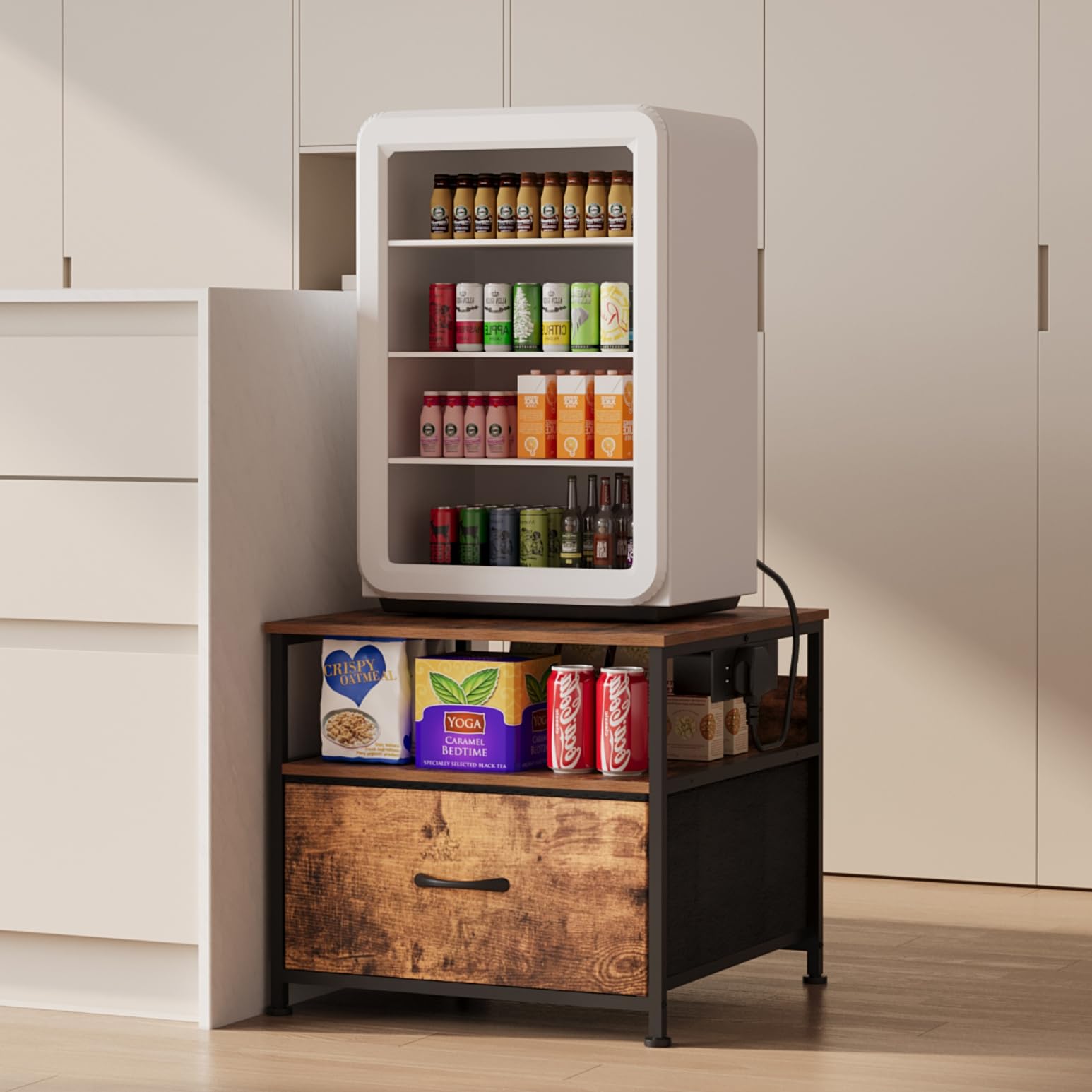 Unionly Mini mesa de refrigerador de 180 libras con estante de nevera con cajón, armario de nevera pequeño con almacenamiento, mini soporte de nevera resistente con estación de carga, 4 pies