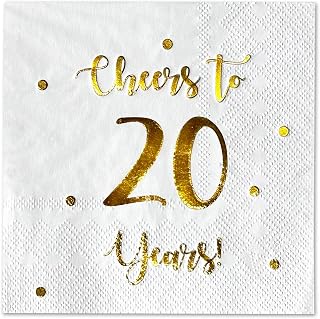 Cheers to 20 Years Cocktail Napkins | Happy 20th Birthday Decorations for Men and Women and Wedding Anniversary Party Decorations | 50-Pack 3-Ply Napkins | 5 x 5 inch Folded (White)