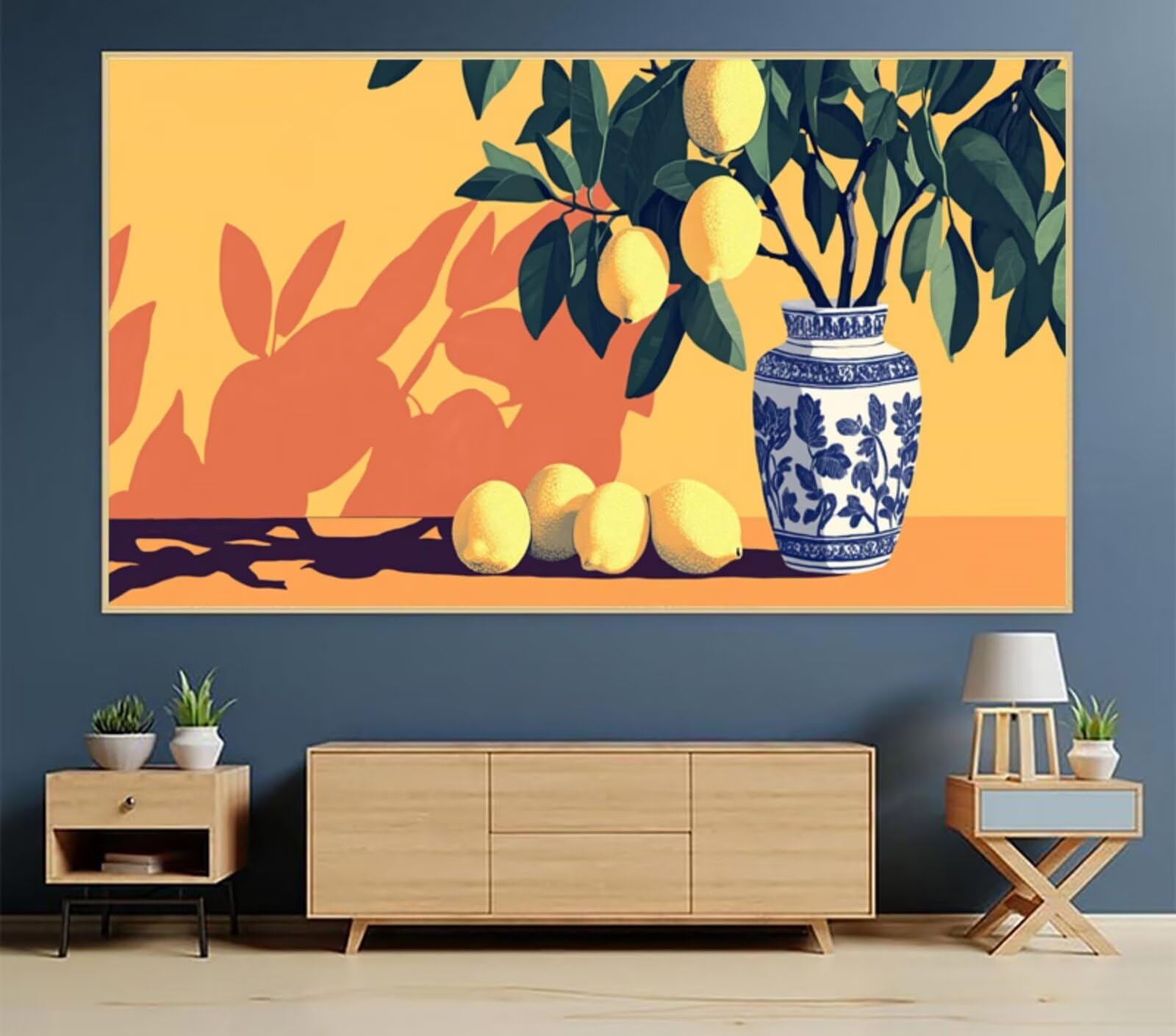 Diamond Painting Zitrone, Blau-Weißes Porzellan Diamant Painting Bilder Erwachsene, Vollbohrer Diamond Art Erwachsene Bastelset, Stickerei Kreuzstich Bilder, Wanddeko, Weihnachtsgeschen, 100x200cm,68