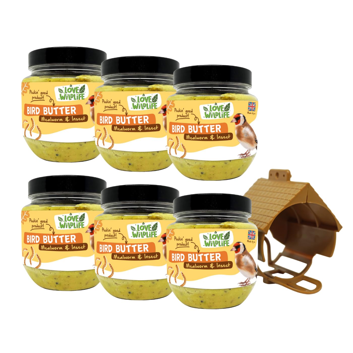 Love Wildlife Mealworm & Insect Bird Butter 6 x 375g with Feeder | High Energy Food for Wild Garden Birds, Premium High Protein Suet, All Natural Ingredients, Ideal for All Year Round Feed