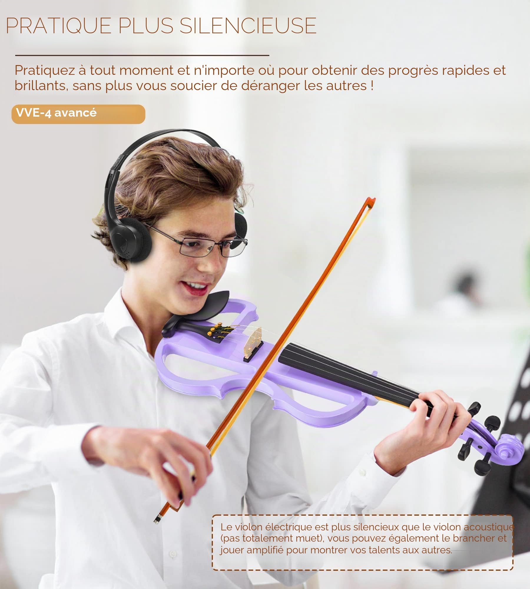 Vangoa Violon Électrique 4/4 Silencieux Taille Réelle pour Débutants Étudiants Adultes Adolescents avec Kit de Démarrage Violet