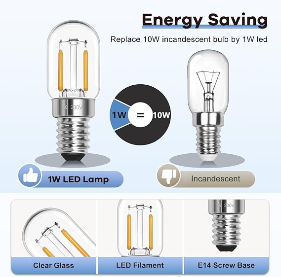 Morotty E14 Led Fridge Light Bulb Cool White 6000K, Can Replace 10W-15W Halogen, T22 Pygmy Bulb Led SES Refrigerator Bulb 230V, for Fridge Bulbs, Sewing Machine Bulbs, Cooker Hood，Night Light，2 Pack [Energy Class E]