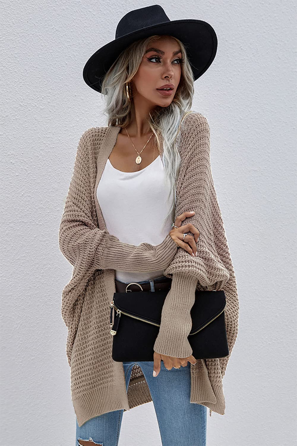 Basicspace Damen Offene Front Strickjacke Damen Lang Waffel Lässig leicht Lose Fledermaus Langarm übergröße Knit Cardigan Weiche Oberbekleidung