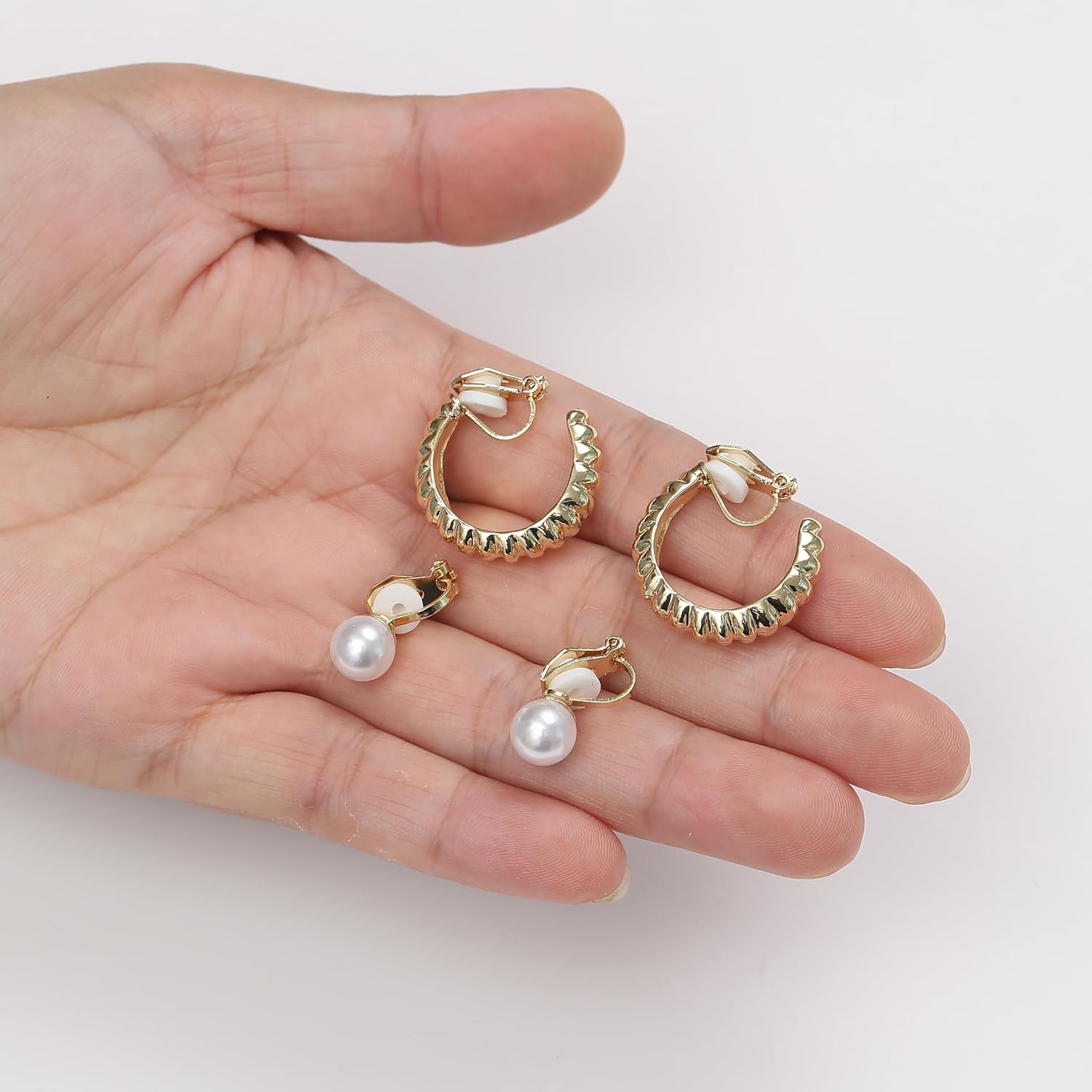 10 Pairs Clip on Earrings Set for Women 14K Gold Plated Hypoallergenic Ears Clips Jewelry Trendy Non Pierced Flower CZ Pearl Waterdrop Knot Twist Stud Hoop Chunky Fake Earrings Silver Plated