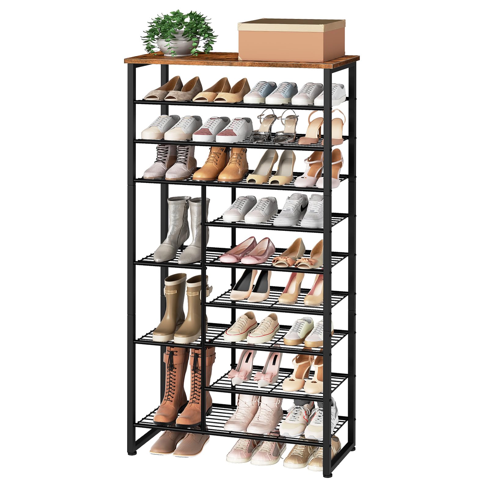 HOOBRO Schuhregal mit 10 Ebenen, Schuhablage für 27-30 Paare, industrielles Schuhregal mit unterschiedlichem Abstand, abnehmbares Gitter, für Eingänge, Flure, rustikales Braun und Schwarz EBF172XJ01