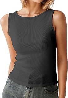 Rolli - Camiseta sin mangas para mujer, cuello redondo, color sólido, sin mangas, acanalado, parte superior básica, vestido corto, adolescente, verano