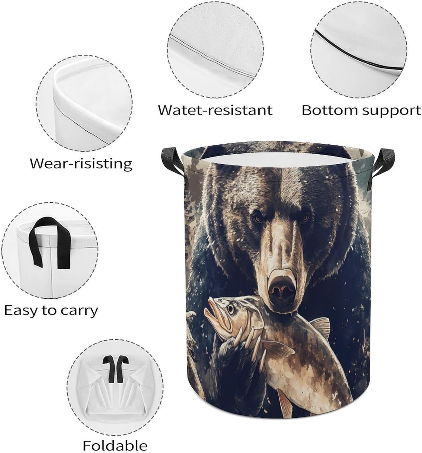 Bear Eating Fish Laundry Hamper Basket for Home Bathroom | clothes storage,handle,large capacity,oxford