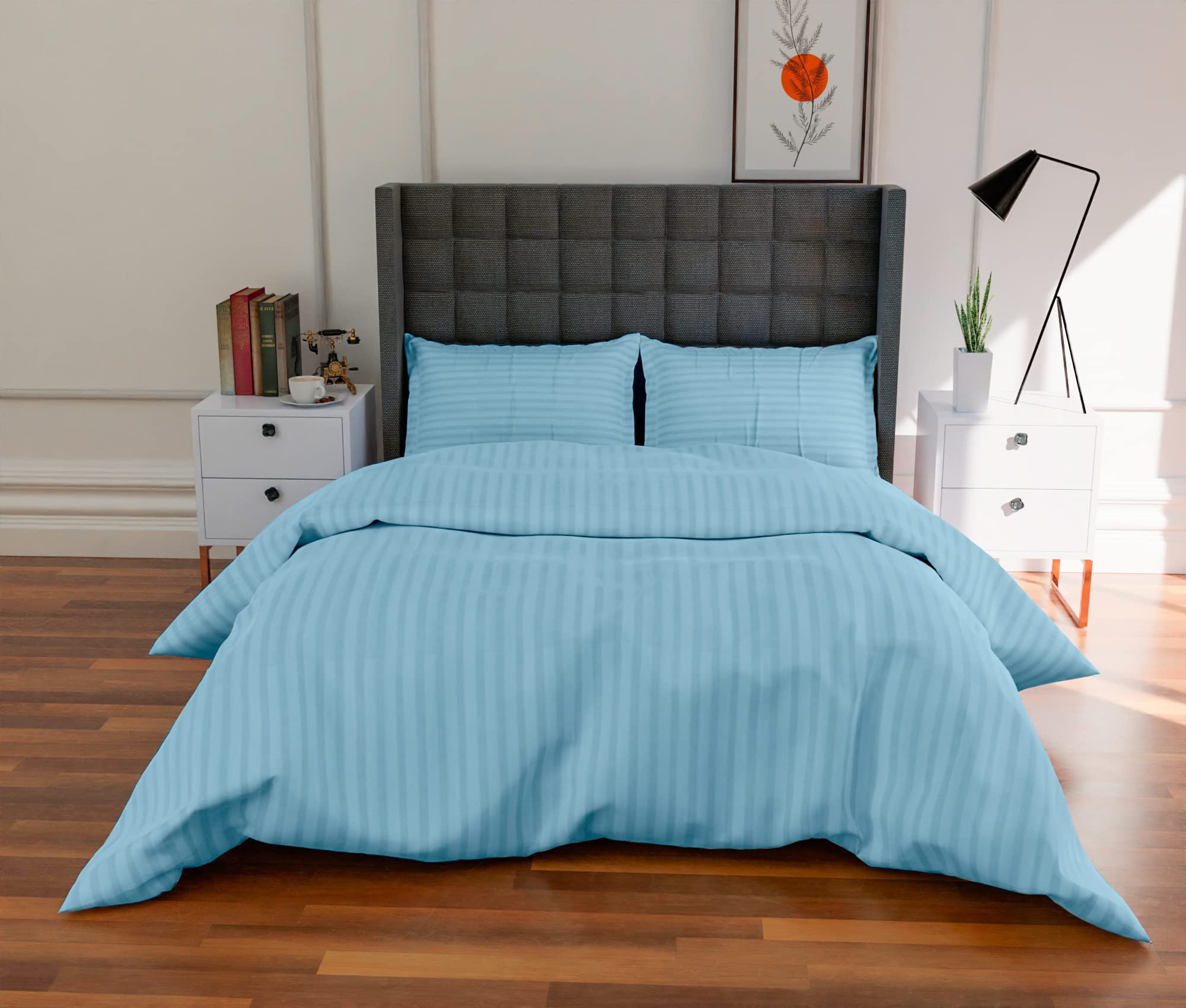Duvet Cover Double Bed with 2 Pillow Cover - 310 TC Cotton Stripe Pattern - Premium Hotel Blanket Cover - Quilt/Rajai Cover - Machine Wash, Sky Blue, Double Duvet Cover - 91 X 101 Inch-image-16