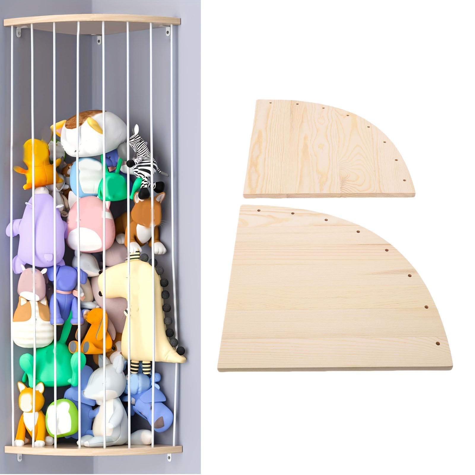 Holzplüschtier-Organizer, Eckdesign, Offenes Layout, Kiefernholz