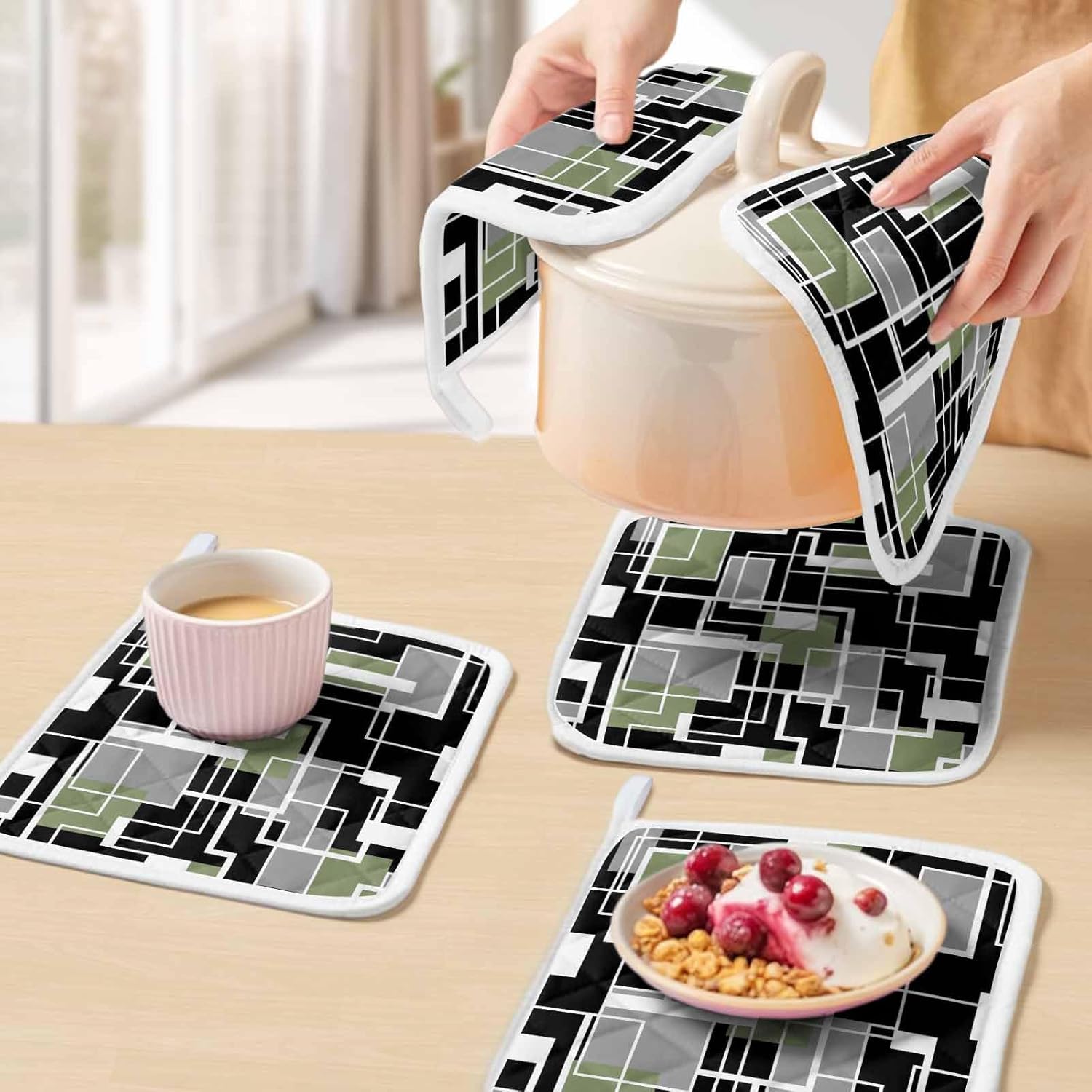 Sage Green Black Geometric Pot Holders for Kitchen Heatproof Potholder, 5 Pack Modern Abstract Art Block Hot Pads Multipurpose Oven Pads Cloth Potholders Trivet for Cooking Baking