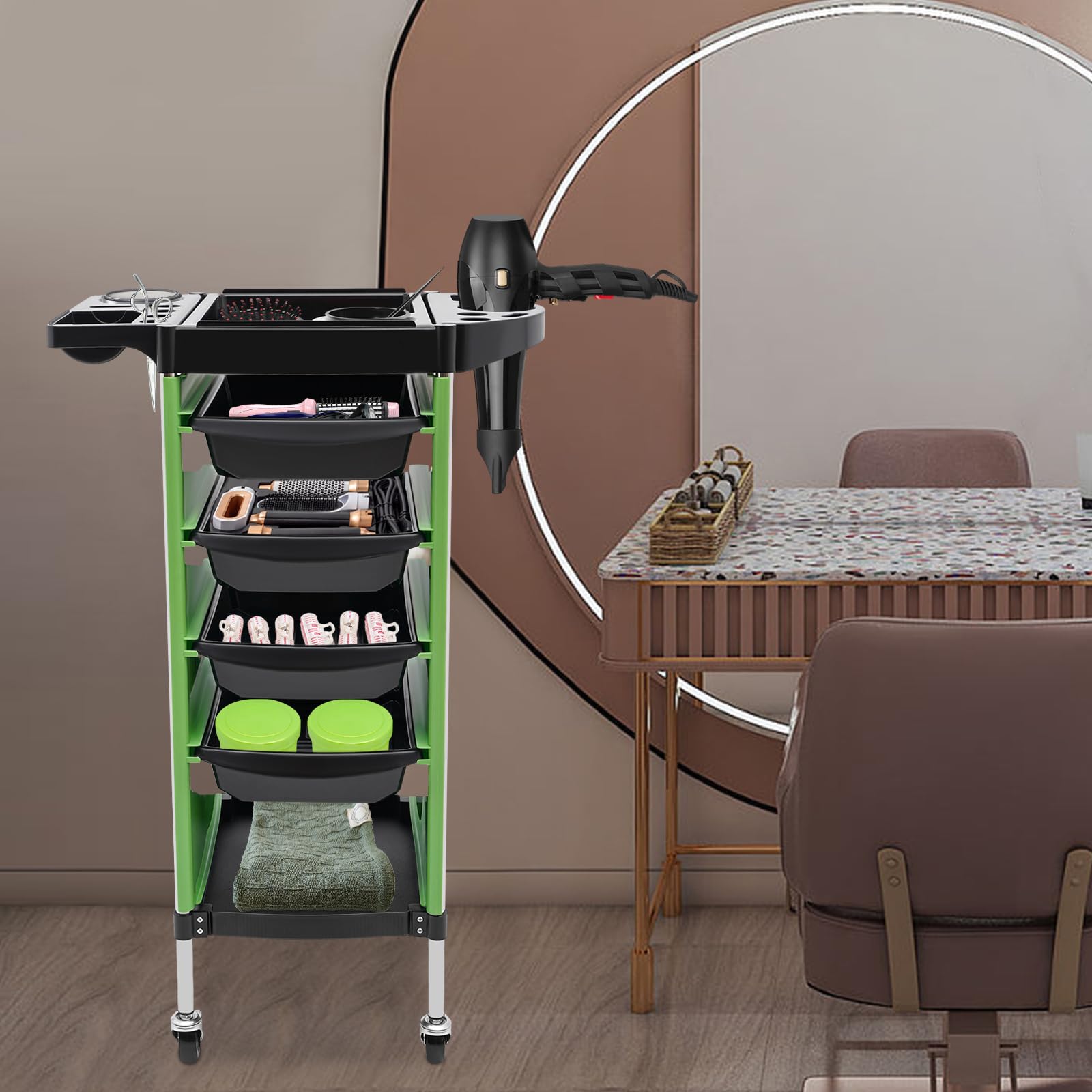 Chariot de coiffeur noir avec tiroirs sur pied rectangulaire pour salon de maquillage