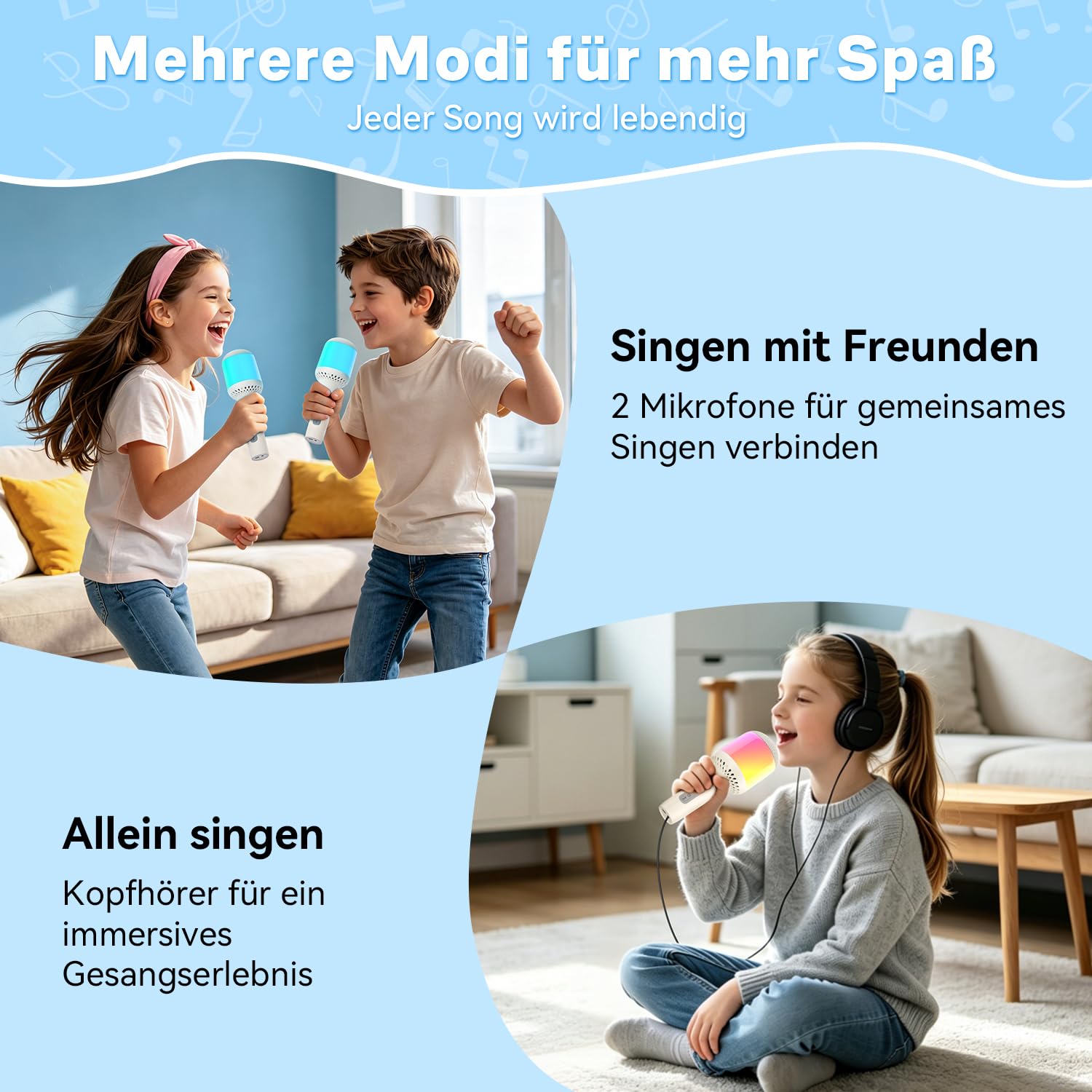 Karaoke Mikrofon Kinder, Karaoke Kinder mikrofon zum Singen, Drahtloses Bluetooth Mikrofon Karaoke mit LED Licht, 6 Soundmodi, 10H Akku, Kompatibel mit Android/iPhone, Für Party/Haus/Geburtstag