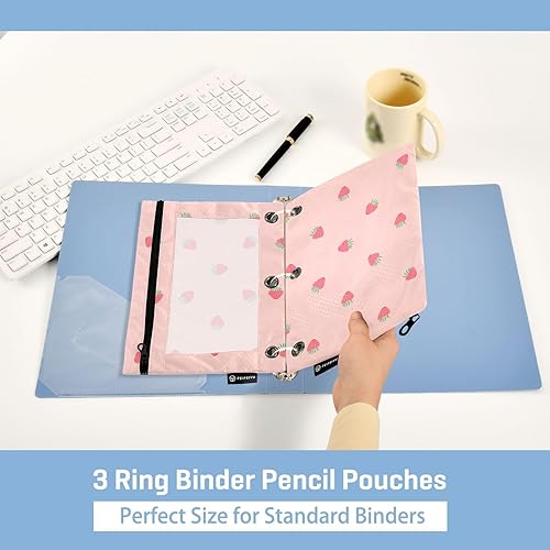 Miniatura 5 de Estuche para lápices de 3 anillos rosa con cremallera transparente para ventana, estuche para lápices, bolsas para suministros de oficina,