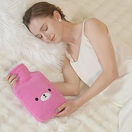 samply Hot Water Bottle with Cute Fleece Cover, Hot Water Bag for Hot and Cold Compress, Hand Feet Warmer, Neck and Shoulder Pain Relief, Purple Bear
