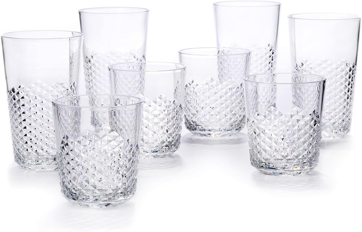 CuptureDiamond Plastic Tumblers BPA Free, 24 oz/14 oz, 8-Pack (Clear)
