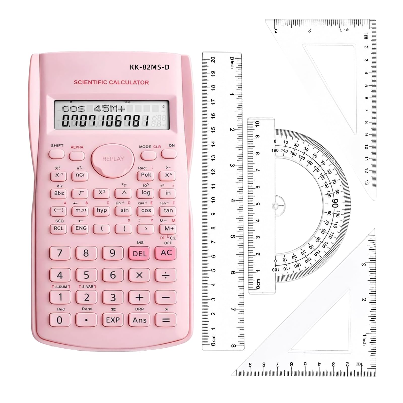 Scientific Calculator 240 Function Engineering Scientific with 2 Line Display with Maths Set Ruler Protractor for School College Exams Office Home Business Pink