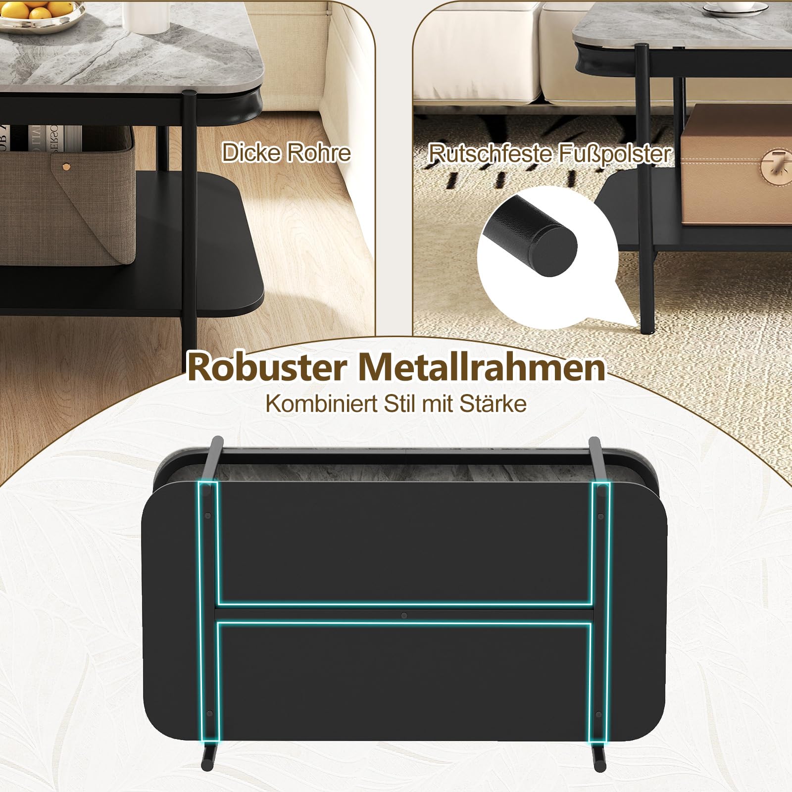 COSTWAY Couchtisch Marmor, Wohnzimmertisch mit 2 Ebenen & Metallrahmen, Sofatisch rechteckig, moderner Kaffeetisch für Wohnzimmer und Büro, 90 x 50 x 45,5 cm (Grau)