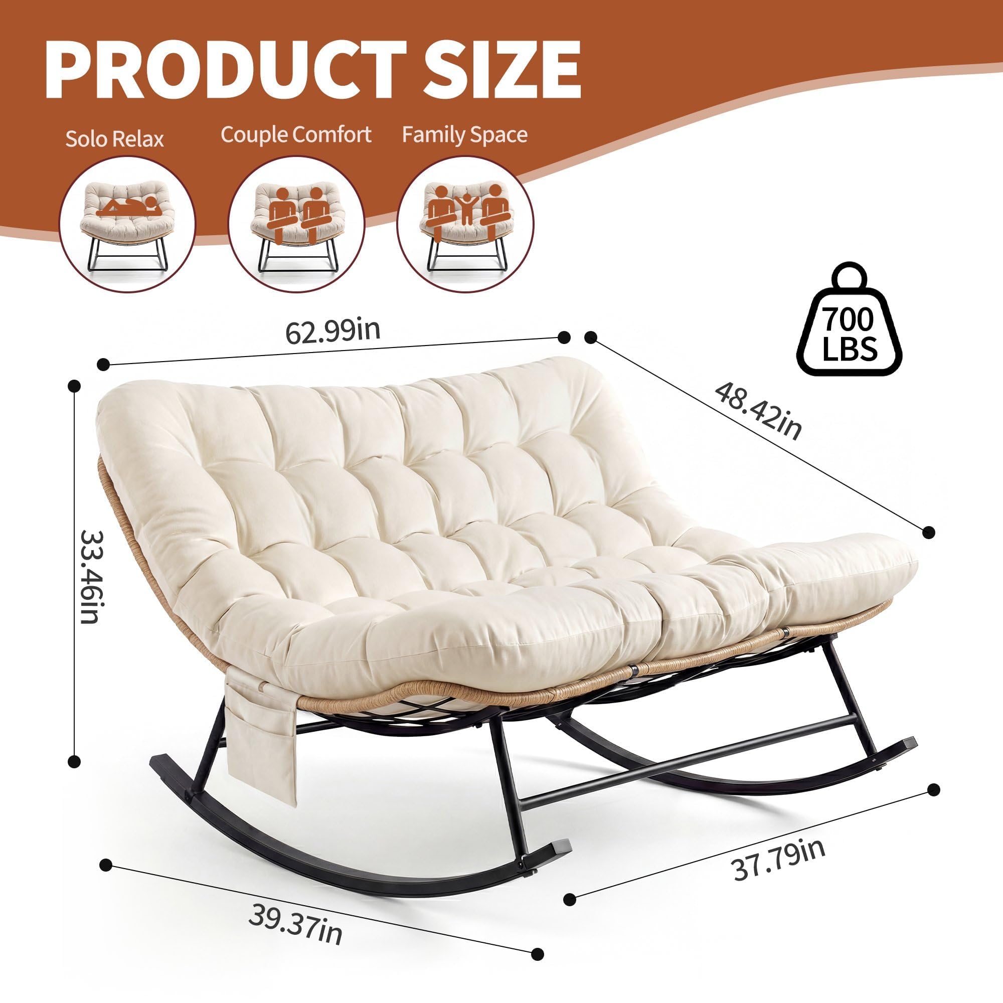 Garvee Fauteuil à Bascule Double Robuste 450 lbs – Dossier rembourré – Tissu imperméable – Cadre métal – Idéal Jardin, terrasse, Salon – Mobilier Moderne – Rotin Jaune et Coussins Beige Clair