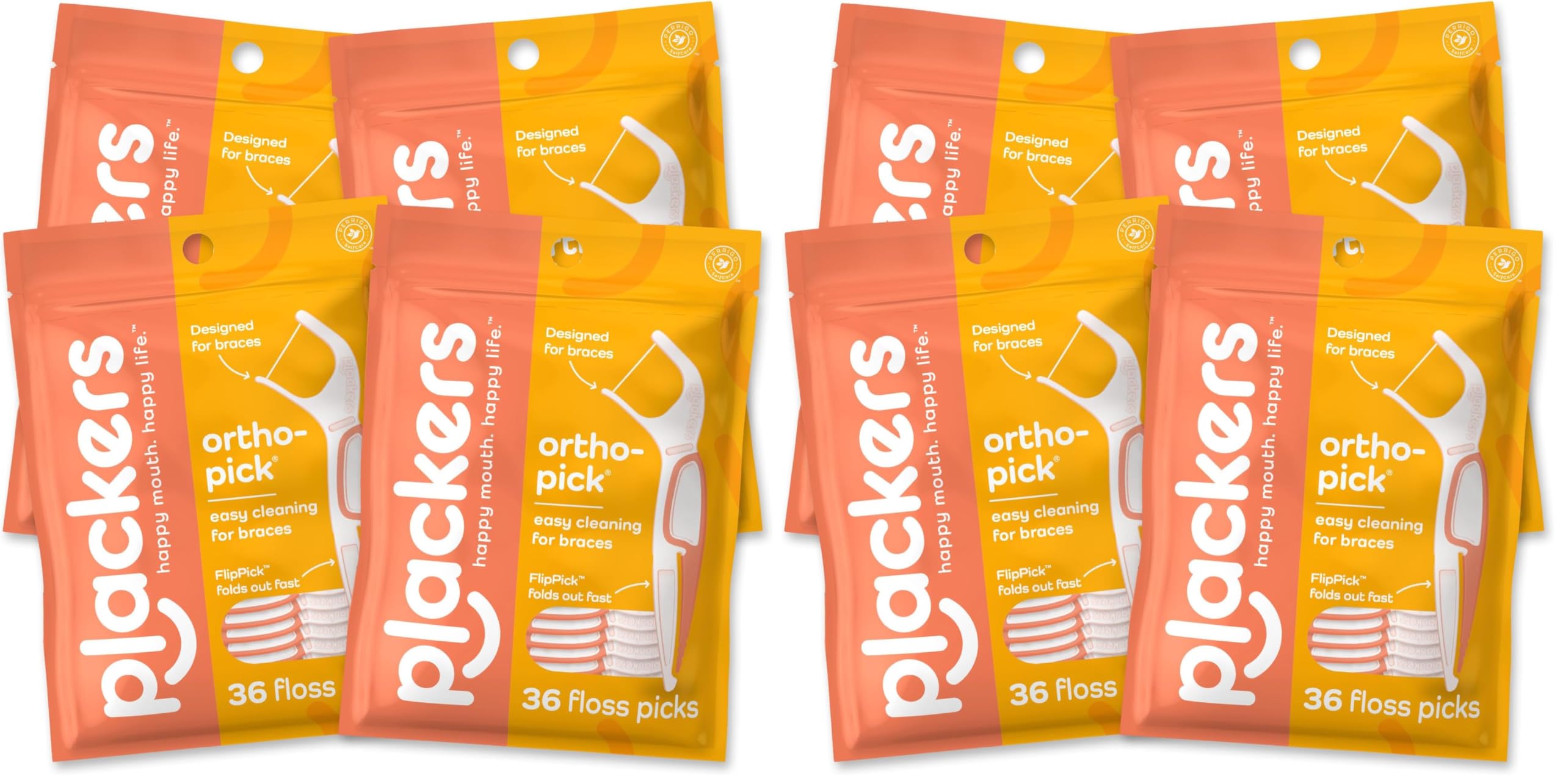 Plackers Orthopick Floss Picks Unflavored Designed for Braces Fold-Out FlipPick Tuffloss Easy Storage with Sure-Zip Seal 36 Count