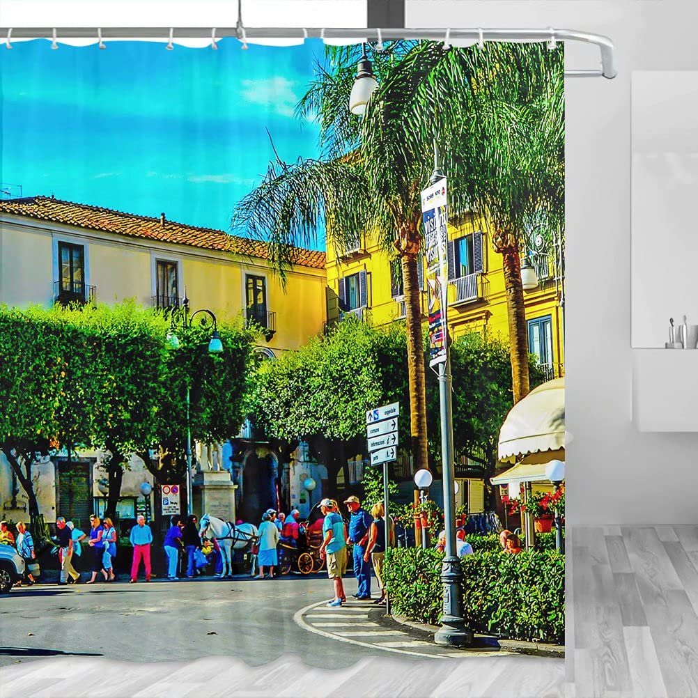 Italy Sorrento Square Shower Curtain Travel Bathroom Decor Set with Hooks Polyester 72x72Inch(YL-03289)