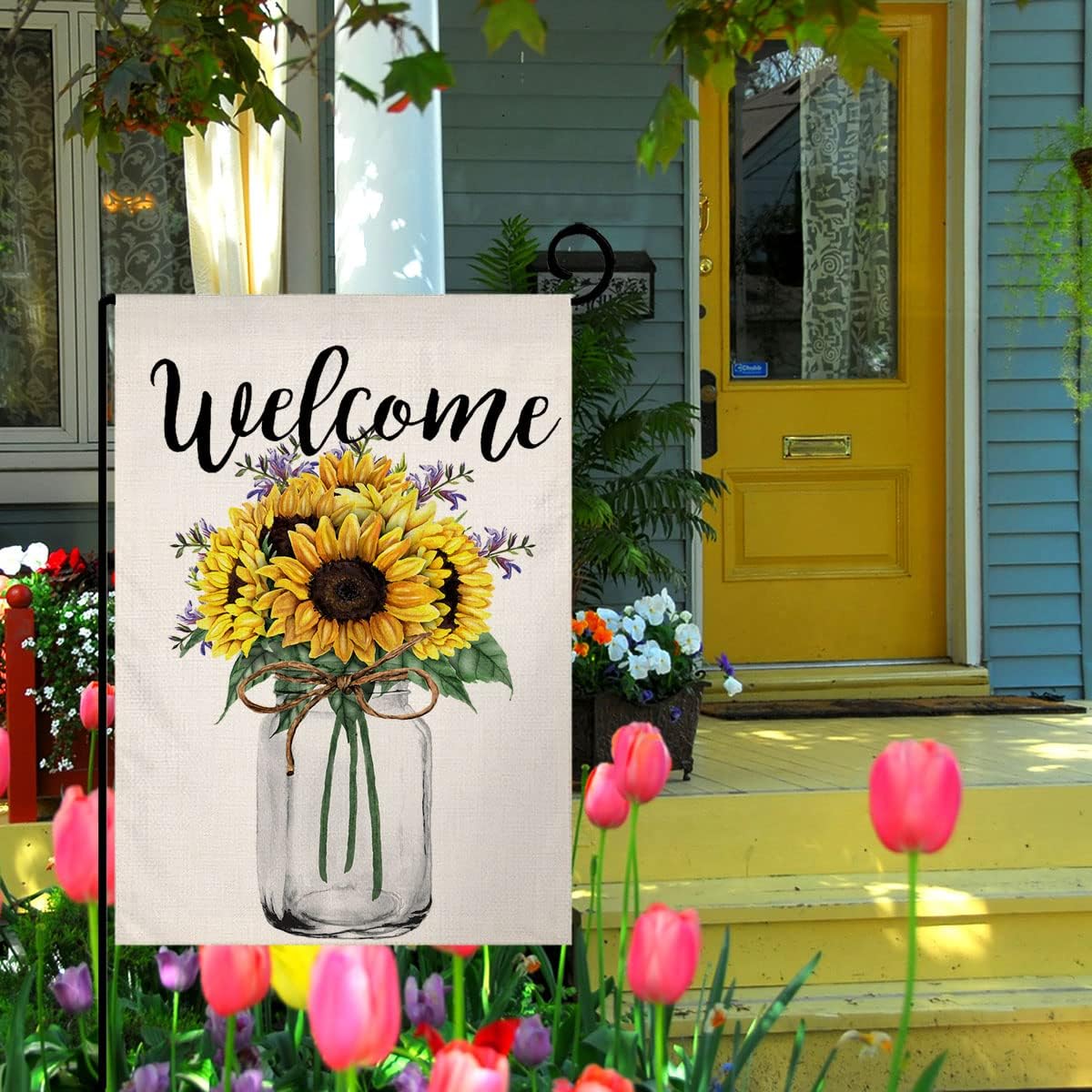 BLKWHT Spring Summer Sunflower Garden Flag Vertical Double Sided Welcome Mason Jar Floral Farmhouse Burlap Yard Outdoor Decor 12.5 x 18 Inches (143902)