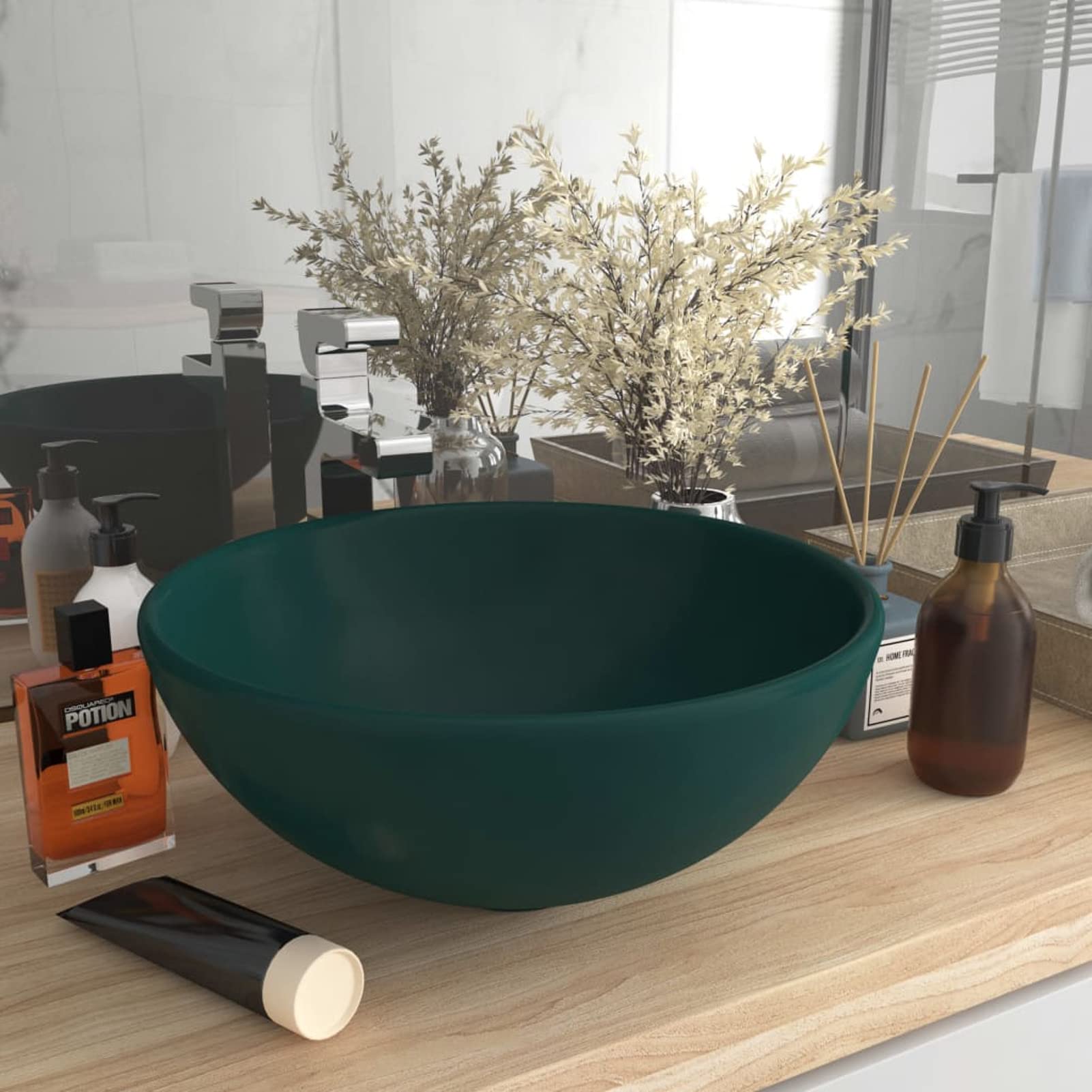 ZEYUAN Lavabo de Lujo Redondo cerámica Verde Oscuro Mate 32,5x14 cm, Fregadero, Lavabo Baño, Lavamanos Baño, Lavatorio Casa De Banho, Mueble Lavabo sobre Encimera