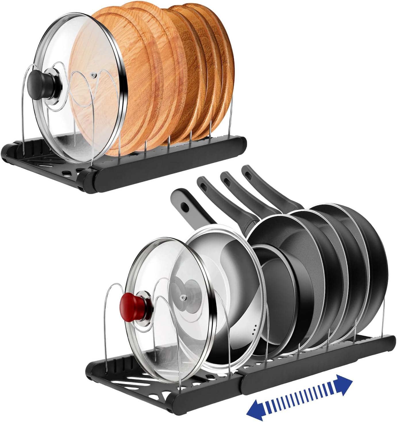 2 Pack Pot and Pan Organizer For Cabinet Expandable Pot Lid Organizer Holder with 7 adjustable Dividers Kitchen Cookware Organizer Rack For Cutting Board Frying Pan Storage(Black-2Pcs)