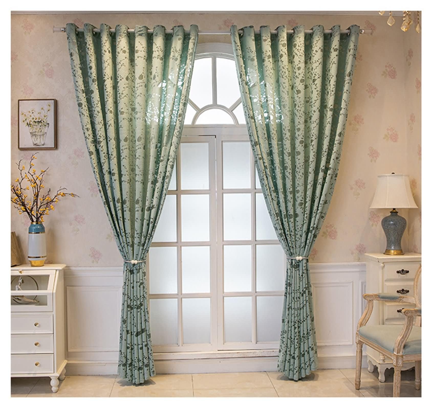 Daesar Gardinen mit Schlaufen, Vorhänge Lichtdurchlässig 2er Set Nordisch mit Pflaumenblüte Motiv 137x229CM Vorhang Grün Halbtransparent Ösenvorhänge Schlafzimmer Wohnzimmer