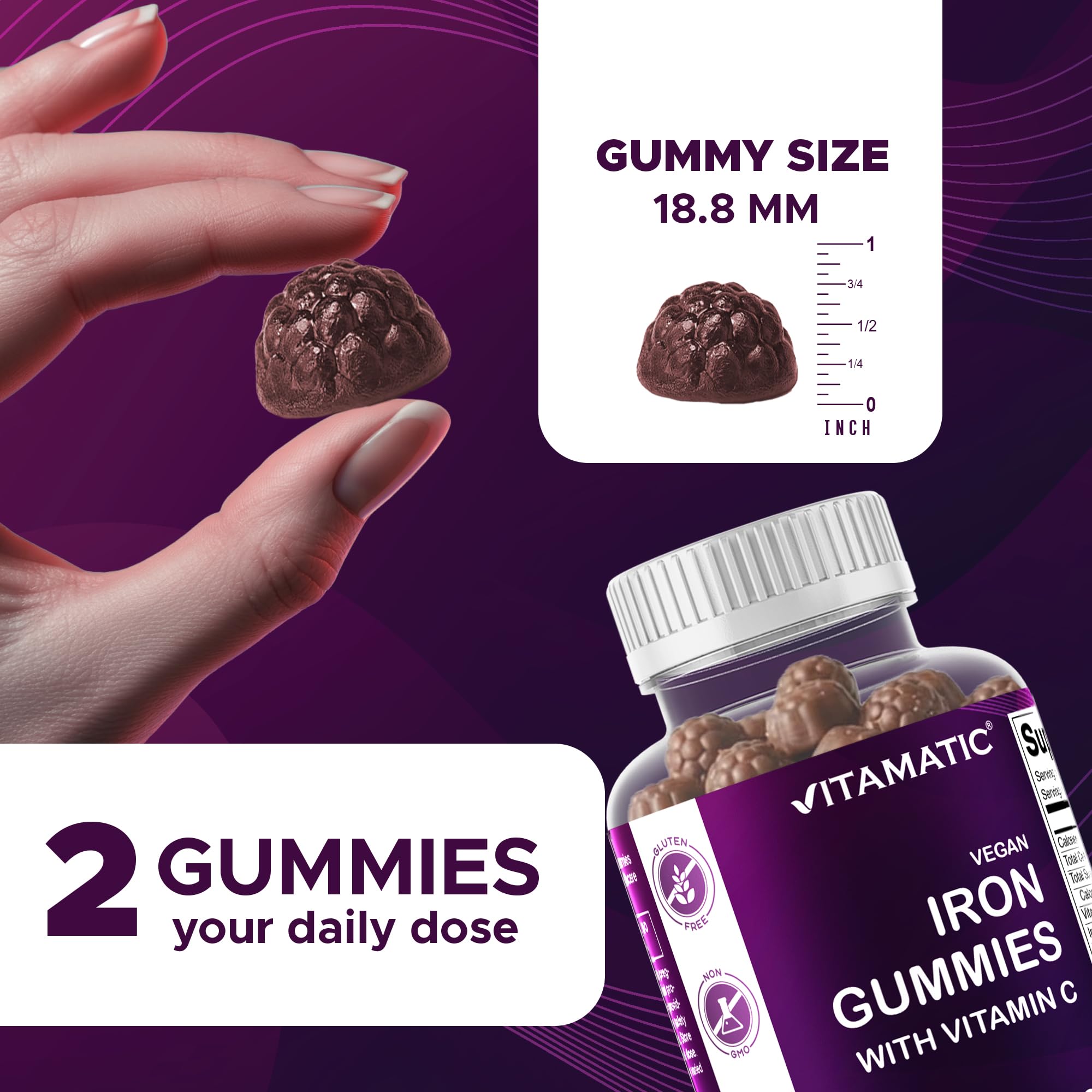 Vitamatic Iron 65 mg with Vitamin C - 60 Vegan Gummies, Made in USA — Amazon image 3