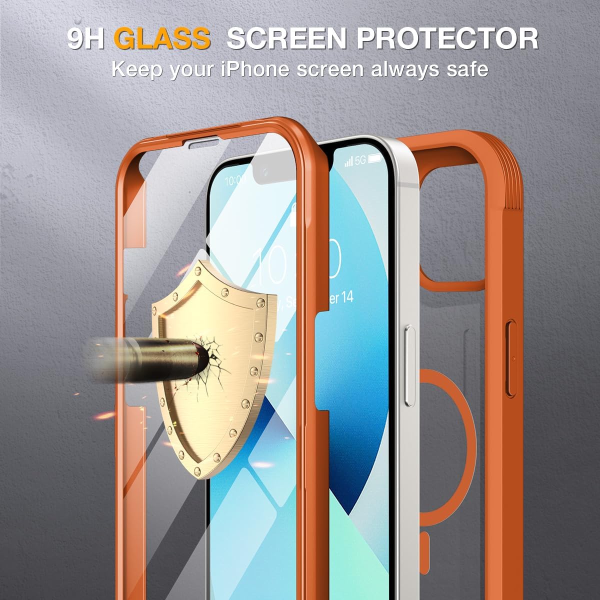 Miracase for iPhone 13 Case 6.1'',Full-Body Magnetic Clear Bumper Case with Built-in 9H Tempered Glass Screen Protector,Military Drop Protection Outdoor Phone Case,Orange thumbnail