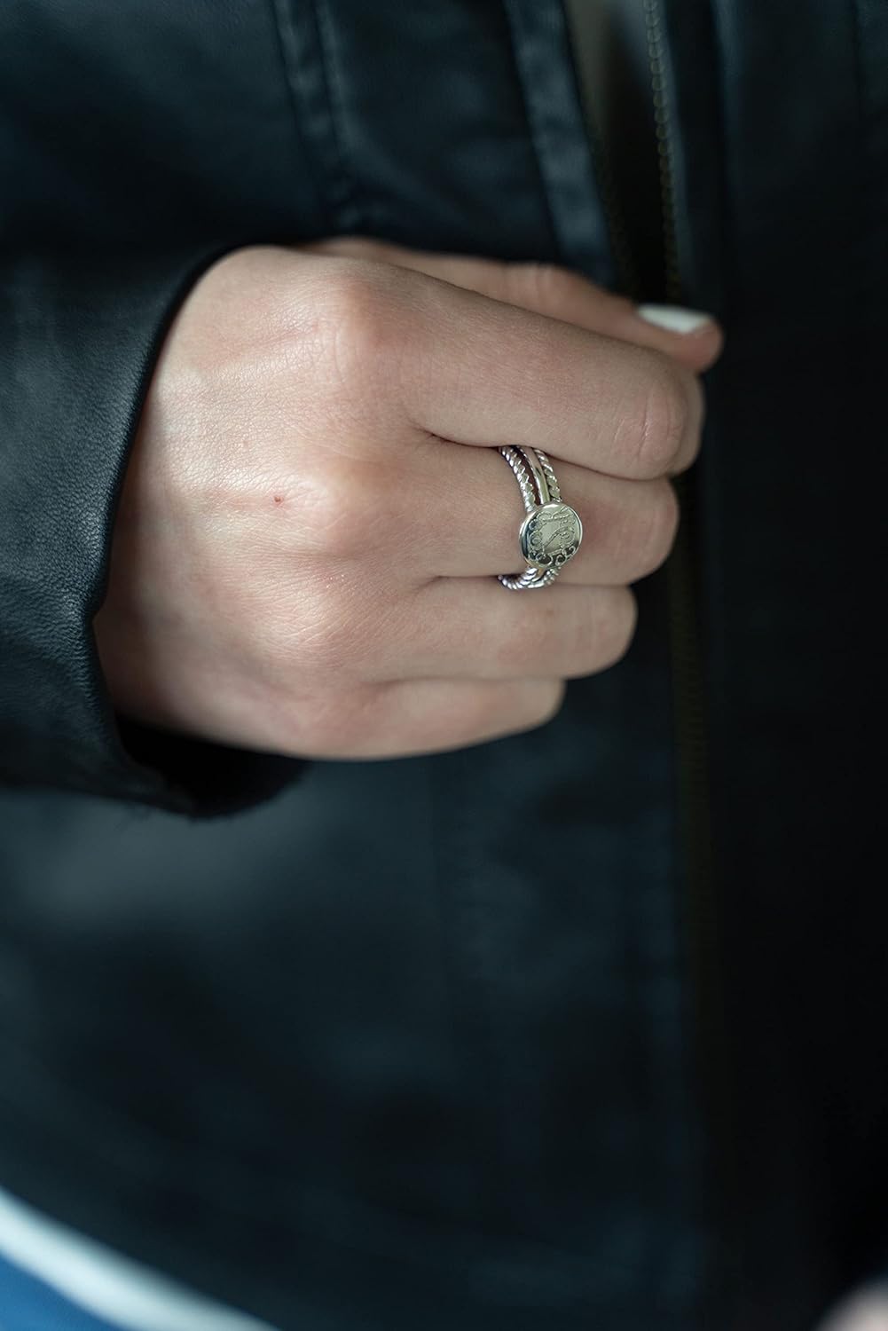 Round Monogram Sterling Silver Ring with Rope Bands