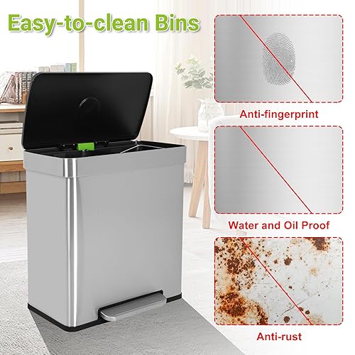 Miniatura 4 de BLKMTY Cubo de basura de 16 galones para cocina, cubo de basura doble con pedal, cubo interior, cubo de basura de acero inoxidable, contenedor de