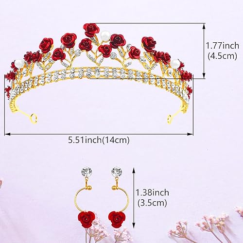 Miniatura 9 de Aswewamt Tiaras de rosas rojas, coronas de reina de boda, corona de reina de flores doradas, corona barroca de princesa, perlas de cristal dorado,