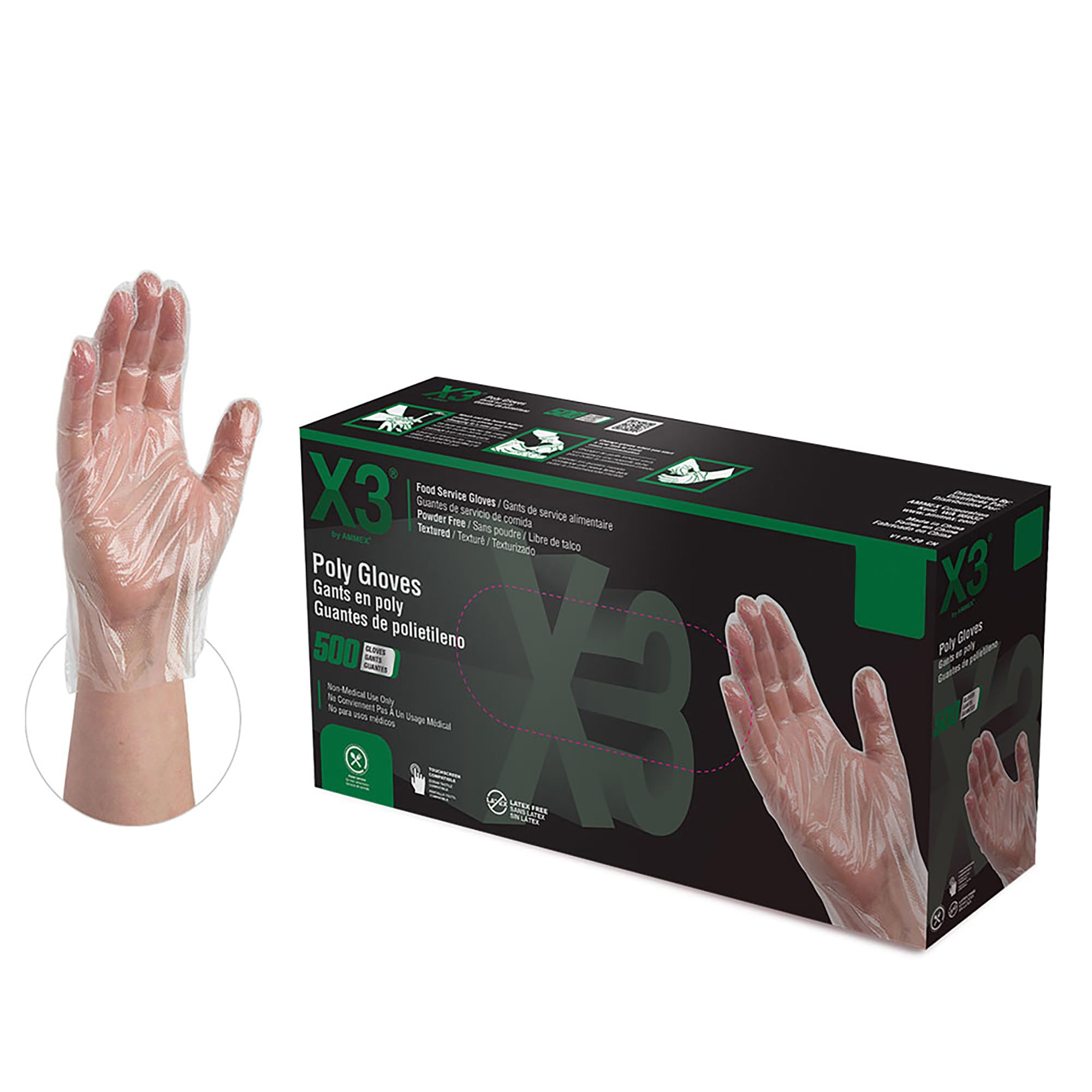 AMMEX Embossed Polyethylene Disposable Gloves - Clear, 1 Mil, Food Service, Large, Box of 500