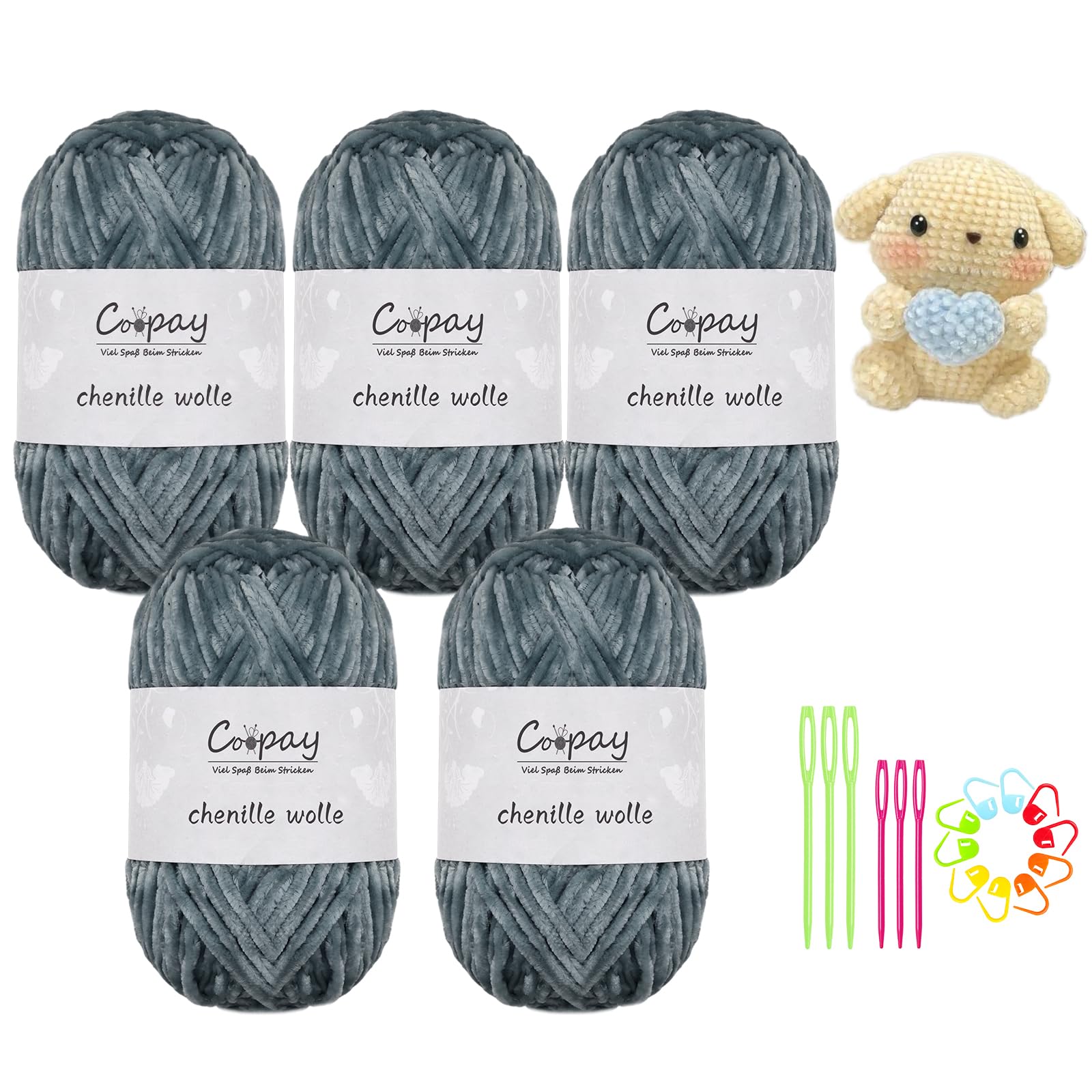Coopay Laine Chenille Veloutée, 500g (5 X 100g), Pelote De Laine à Tricoter Douce, Épaisseur De 3mm, Super Moelleuse Fil Chenille Pour Crochet Tricot Écharpe, Couverture, Chaussettes - Blanc