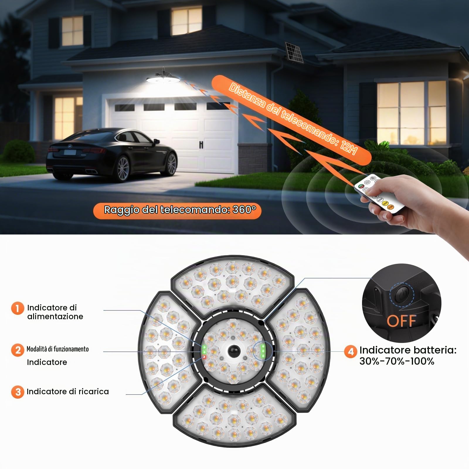 MEIKEE Luce Solare con Sensore di Movimento, Lampade LED Solare Sospensione con Telecomando, Impermeabile IP65, Luce Calda Fredda Regolabile, 6 Luminosità, Cavo da 5m, per Casa, Gazebo, Garage