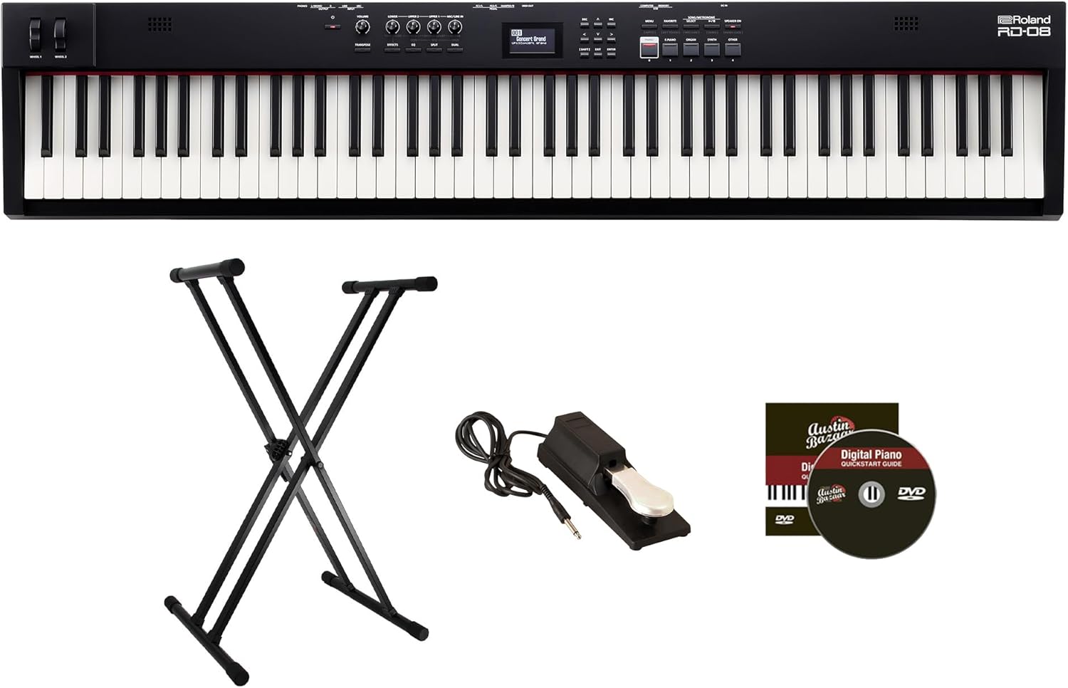 Roland RD-08 88-Key Stage Piano - Black Bundle with Adjustable Stand, Sustain Pedal, Online Piano Lessons, and Austin Bazaar Instructional DVD