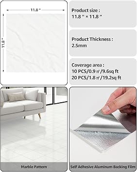 WADILE 10pcs Waterproof Peel and Stick Marble Wall Tiles, 30x30 cm Self-Adhesive PVC Panels for Bathroom, Kitchen, and Living Room Earl White