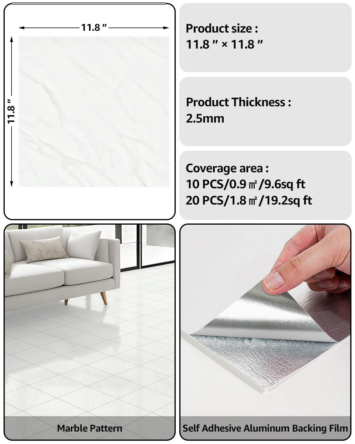 WADILE 10x piastrelle adesive marmo 30x30cm impermeabili per doccia, cucina, bagno - Pannelli murali PVC bianco noble