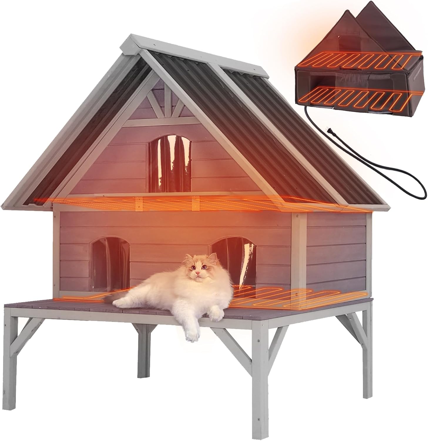 Gutinneen Heated Cat House with Heater, Indoor/Outdoor Pet Shelter with Insulated Liner Keep Warm in Winter,Raise Legs with Large Platforms