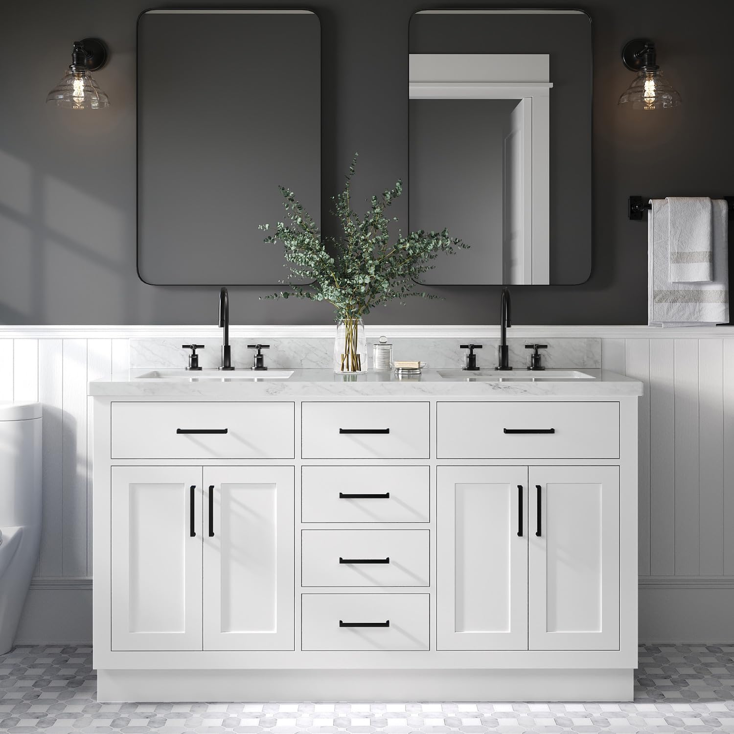 Condition photo showing New/Like New for ARIEL Double Bathroom Vanity Base Cabinet 60" White, Double Sink Configuration, 4 Soft Closing Doors, 6 Full Extension Dovetail Drawers, Toe Kick, Matte Black