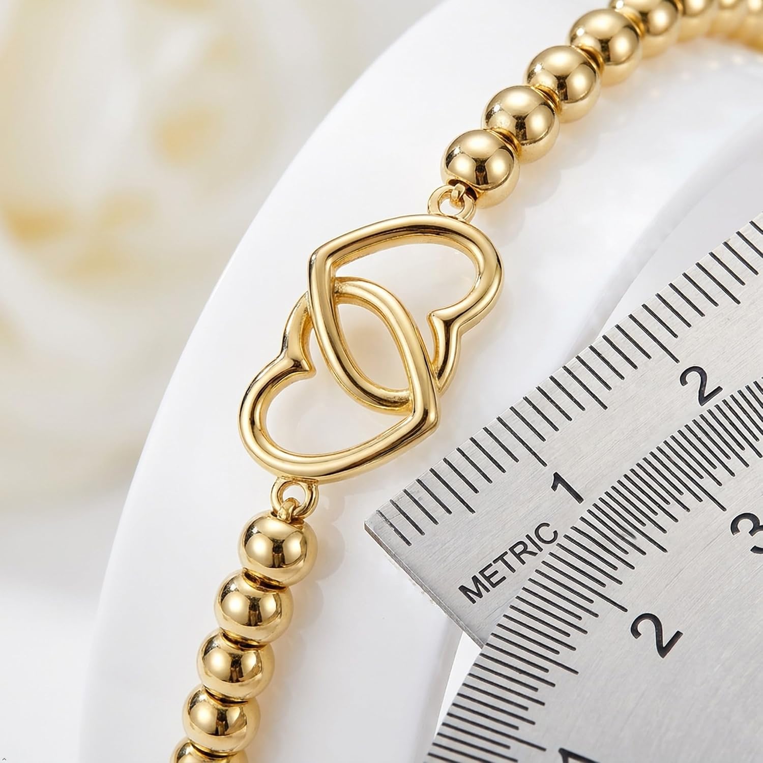 Beaded Bracelets for Women – Gold Beaded Bracelets, Dainty Stretch Bead Bracelet with Interlocking Links, Heart, Bow, Trendy Cute Bracelet Gifts for Mom, Mother’s Day, Sister, Daughter, Best Friend