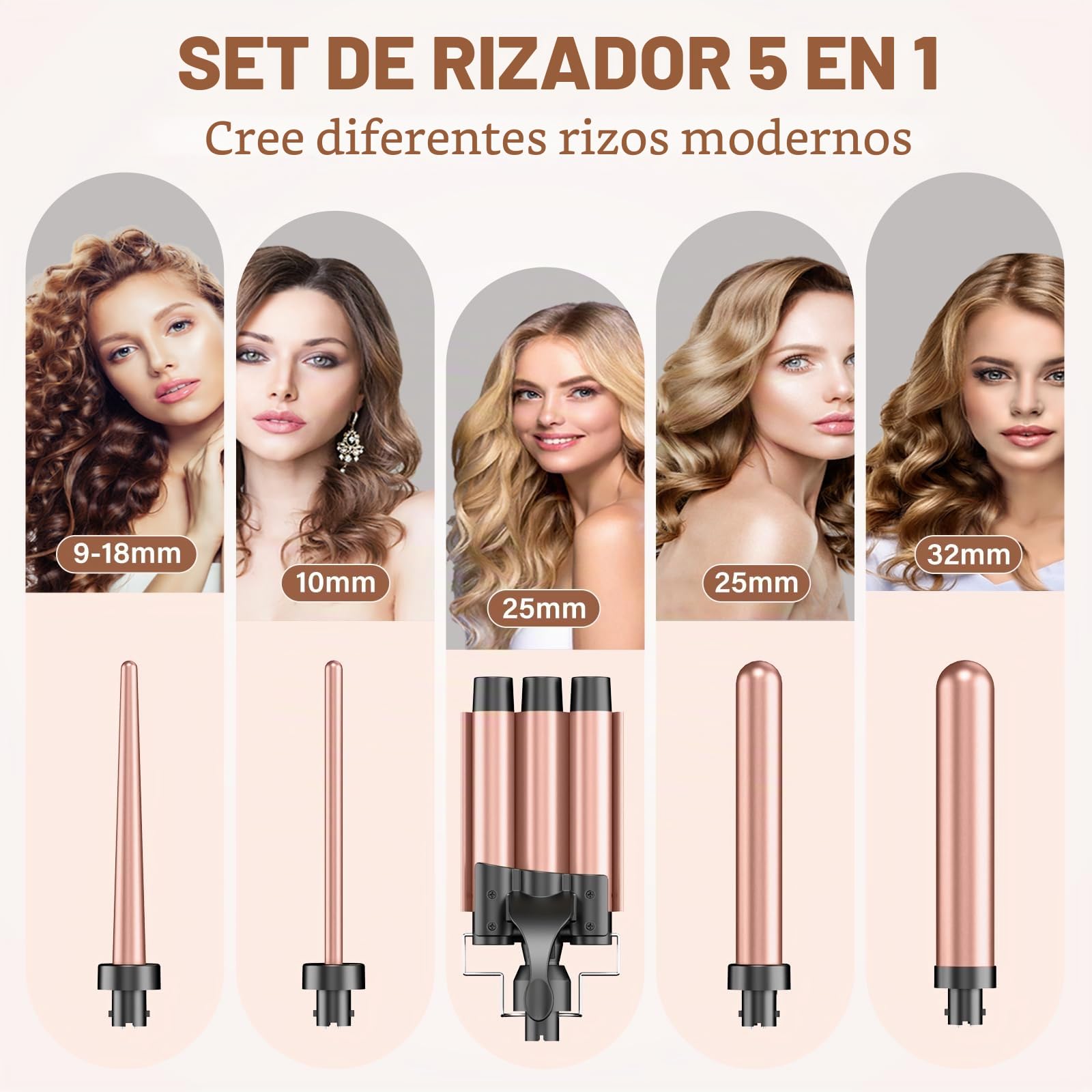 Rizadores 3 Barriles Para Grandes-BESTOPE PRO Juego De Rizadores 5 En 1 Rizos Con Temperatura Ajustable Rizadores De Cerámica Con Diferentes Accesorios Calentamiento Rápido, Guante, 2 Clips