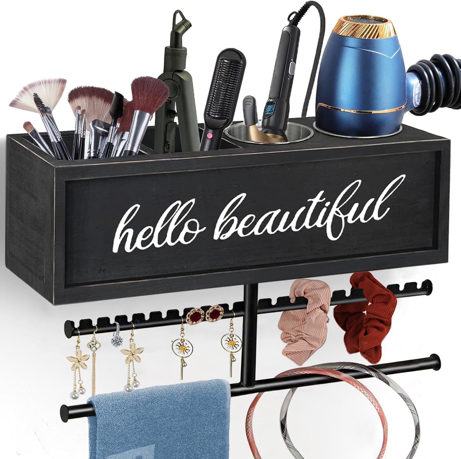 rustic hair dryer holder wall mounted,hair styling tools & accessories organizer,bathroom supplies & hot tools vanities organizer caddy,for storage flat iron,blow dryer,curling iron,towel classic-black