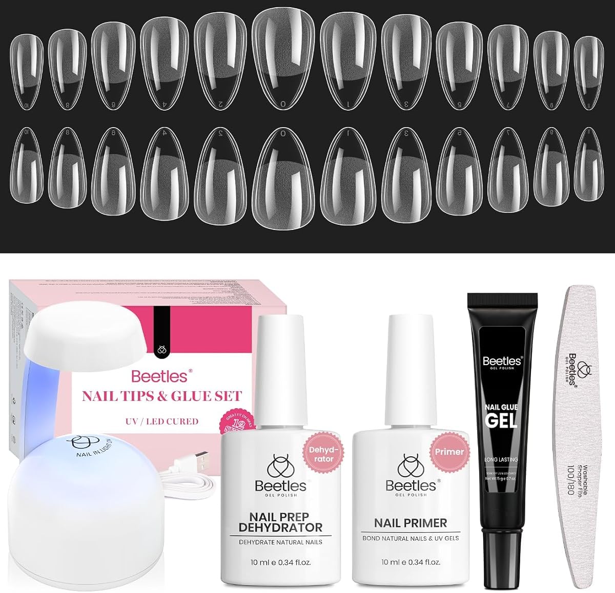 Beetles Etch-X Gel Nail Kit, Short Almond Acrylic Tips, 576 pcs, 12 Sizes | Includes Dehydrator, Primer, Solid Glue & Mini Lamp, Pre-Etched Half Matte Acrylic Extension Set for Home DIY