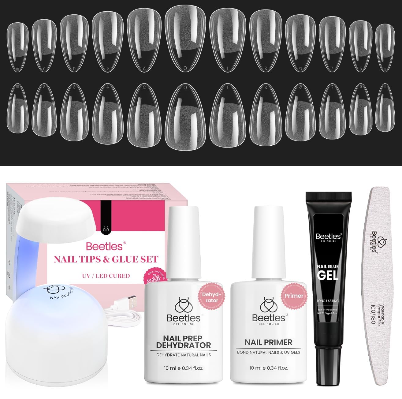 Gelab cosmetics LLC Beetles Gel Nail Kit Medium Almond with Dehydrator and Primer, 576Pcs Half Matte Etch-X Gel Nail Tips Solid Glue Mini Lamp Acrylic Nail Tips Easy DIY Nail Extension Set