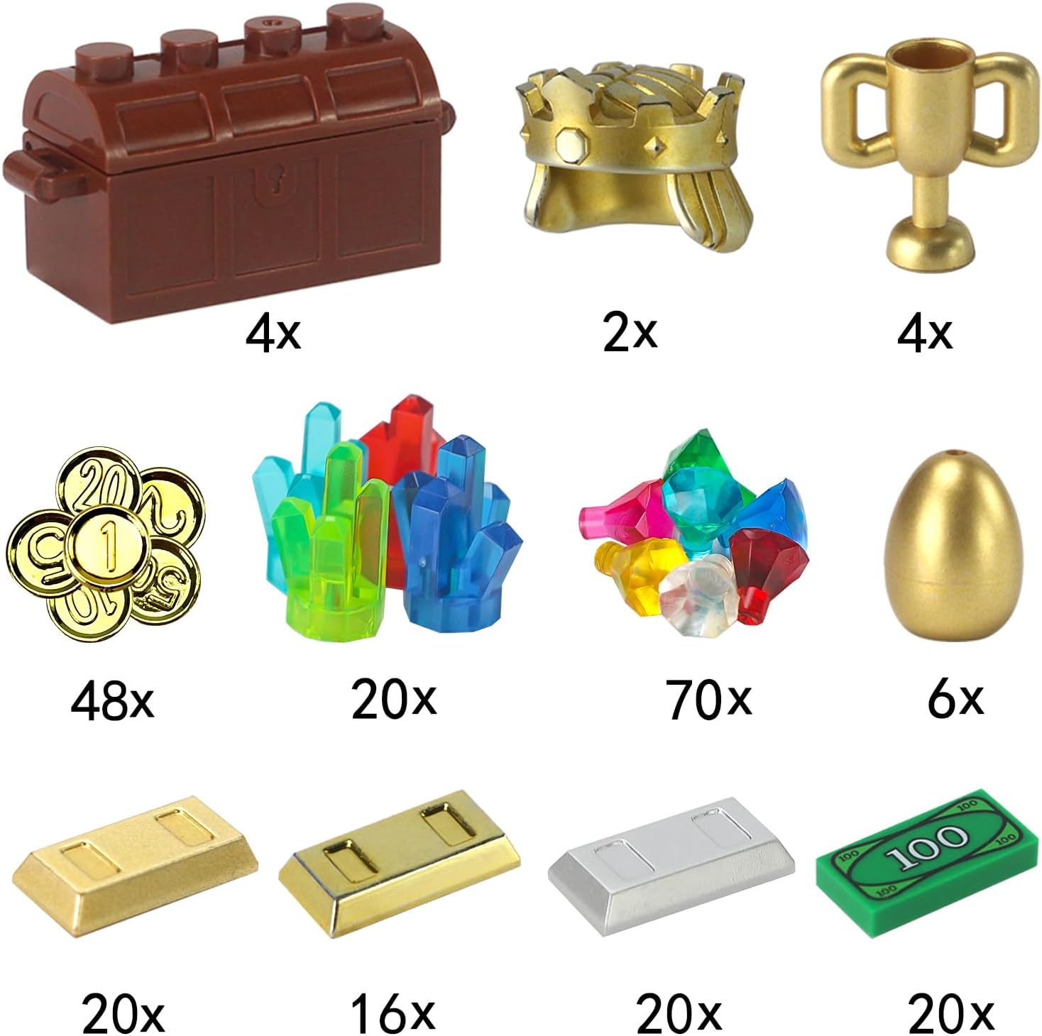 Treasure Gold Gems 230 Pcs Play Money Toy Chest Gold Coins Bars Golden Eggs Trophies Crown Jewels Diamonds Crystals Banknotes Cash Building Blocks Accessories for Medieval Kingdom Pirate