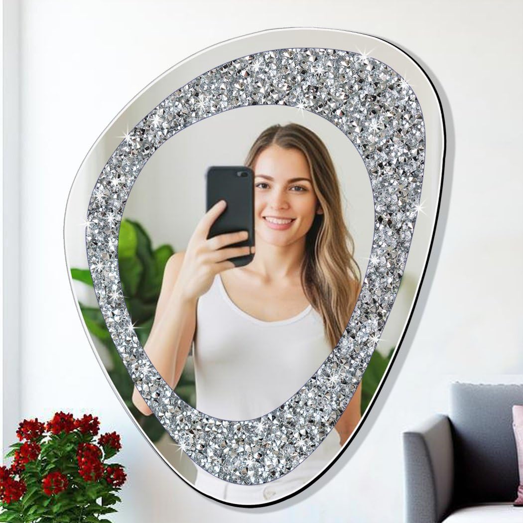 DMDFIRST Modern Irregular Shaped Wall Mirror – 21.6x16 Inch Decorative Oval Diamond Decor Mirror for Living Room, Bedroom, Bathroom, Entryway