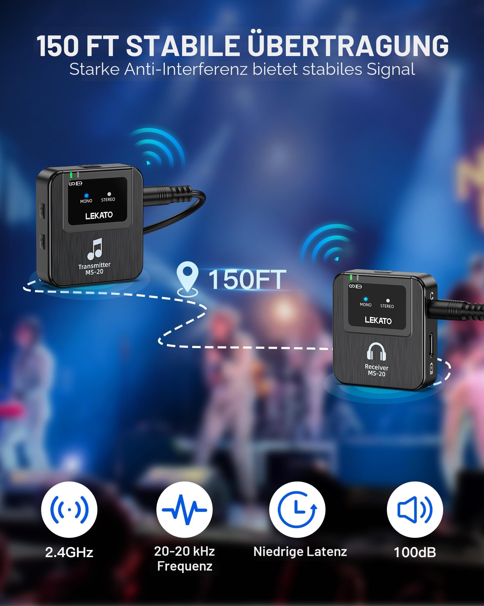 LEKATO Drahtloses In-Ear-Monitoring-System mit Ladekoffer, Professionelles drahtloses 2.4G-Stereo-IEM-System mit Sender und Empfänger, OTG-Funktion, geeignet für Band-Proben, Live-Auftritte